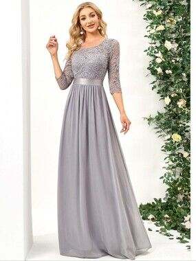 Ever Pretty Chiffon Bridesmaid Dress Women's Gray Lavander Lace 3/4 Sleeve Sz 6